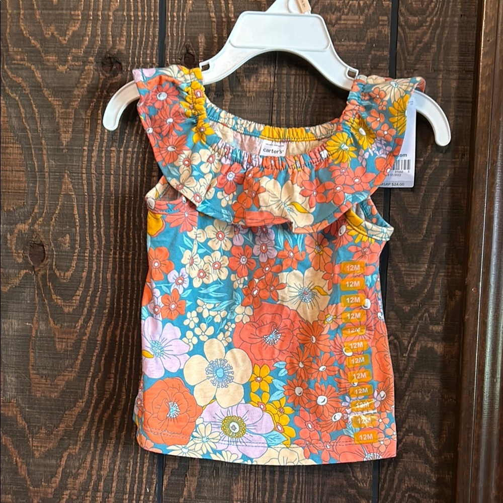 Carter's Orange and Blue Ruffled Blouse Vibrant Floral Sleeveless